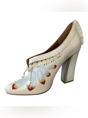 Tory Burch Yuma Fringe Feather Heel 7.5 Folk Art Block Pump